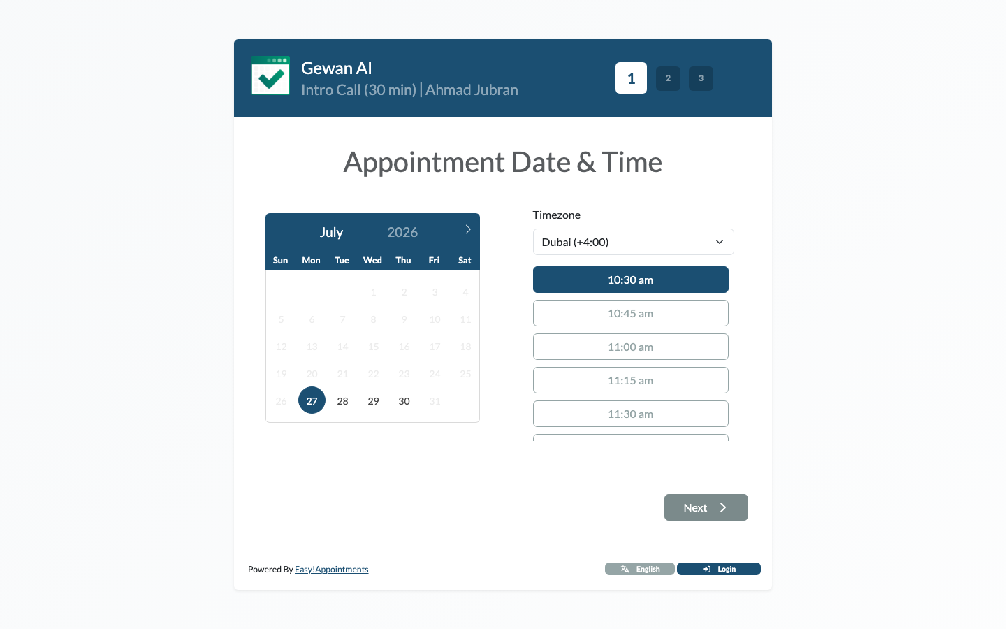 The live public booking page with real availability