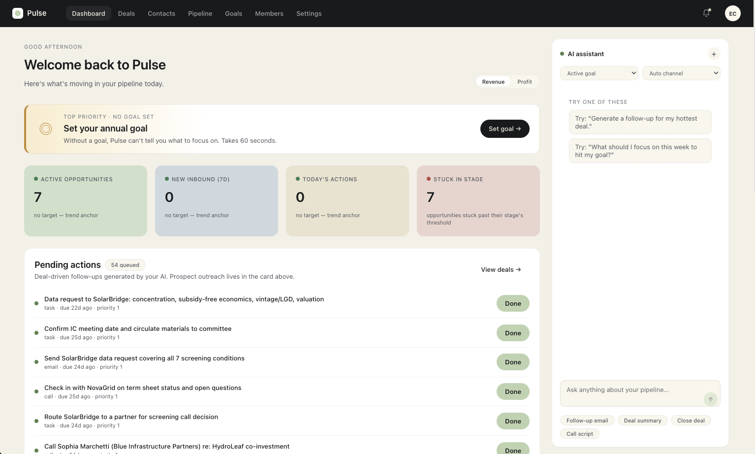 The Pulse CRM dashboard — 7 active opportunities, 54 queued agent-generated follow-ups, and the built-in AI assistant panel