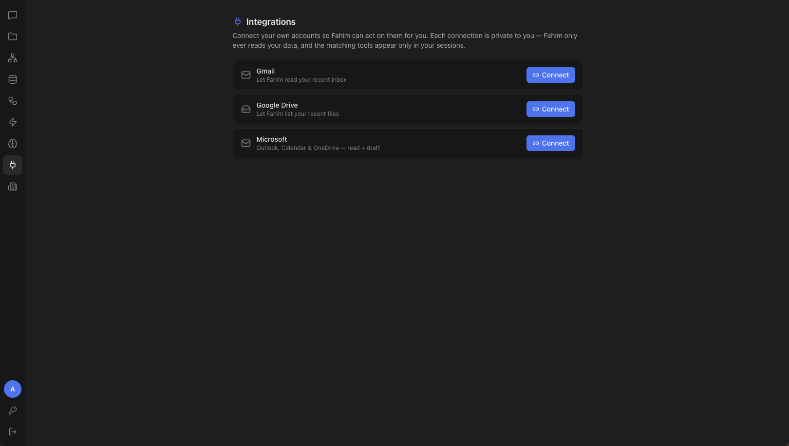 Portal integrations — Gmail, Google Drive, and Microsoft connections, each private to the person who granted it