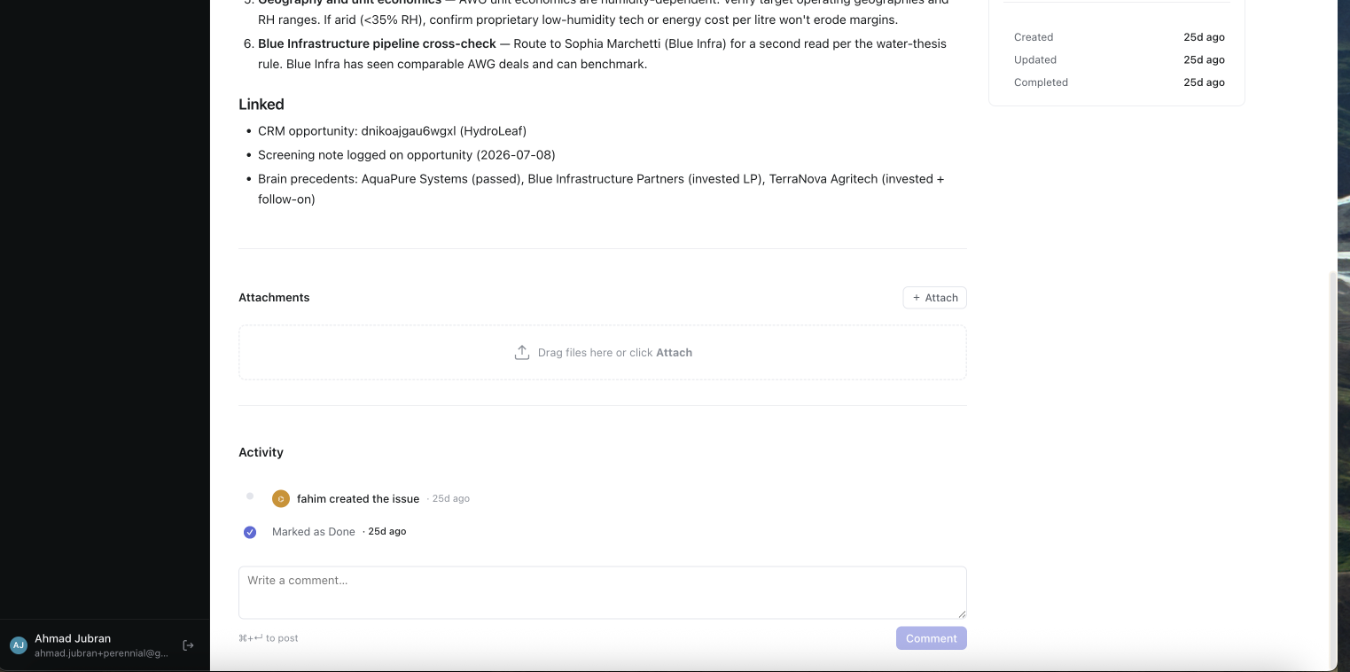 A work item's activity line reading 'fahim created the issue' — the agent attributed by name in the product itself