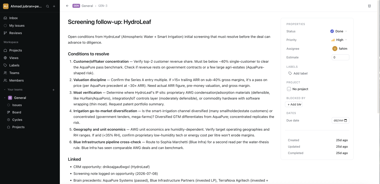 A Pulse Tasks work item created by Fahim — a six-point diligence brief linked to a CRM opportunity and precedent memos